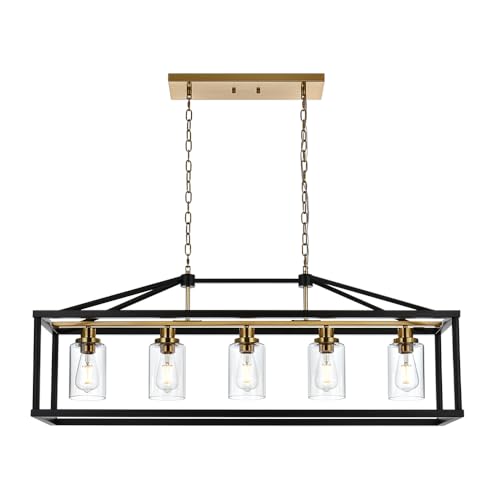 Rectangle 5 Lights Black Modern Dining Room Lighting Fixtures Hanging Over Table