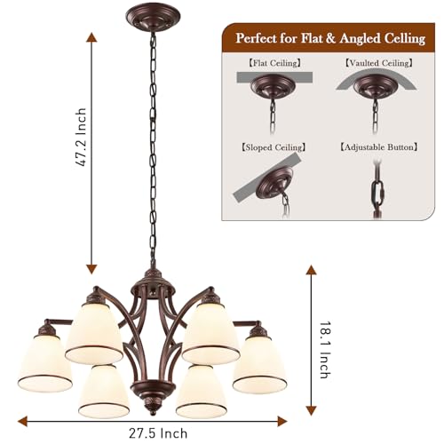 6 Light Oil Rubbed Bronze Farmhouse Chandelier Light Fixture for Kitchen Antique Matte Brown Ceiling Hanging Lamp Adjustable 47" Max Pendant Light for Dining Room Table