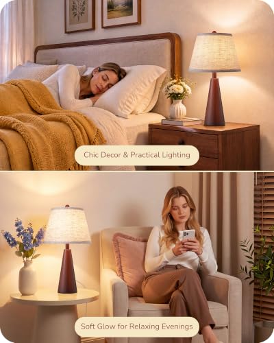 Farmhouse Table Lamp with Tapered Mahogany Wood Base
