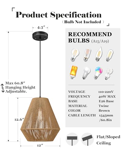 Woven Pendant Lights Modern Boho Hanging Lamp with 12" Handwoven Rattan Basket Shade Adjustable Rustic Pendant Light Fixtures for Kitchen Island Farmhouse Dining Room Bar Bedroom Foyer Hallway