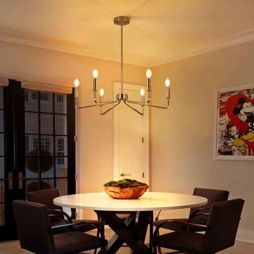 6-Light Brushed Nickel Chandeliers for Dining Room,Farmhouse Light Fixtures for Kitchen,Pendant Lights for Entryway Bedroom Foyer Hall Kitchen Living Room,26in,E12.