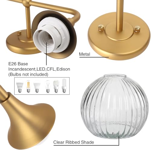 Wall Sconce Vintage Vanity Light Antique 2 Lights Sconce with Clear Ribbed Globe Glass Shade Antique Brass Gold Double Sconces for Bathroom