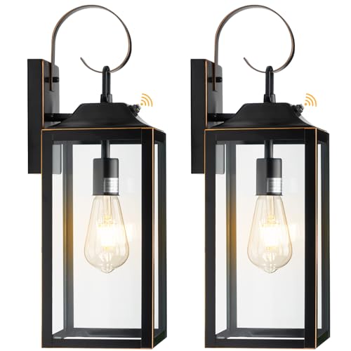 19" Dusk to Dawn Outdoor Lighting Porch Lights Black with Gold Trim 2 Pack (2 Count)