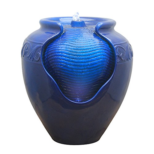 16.96 in. Outdoor Glazed Pot Water Fountain with LED Lights