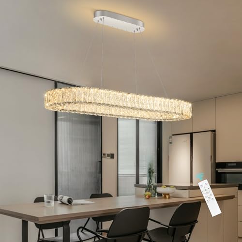 L40 x W16 Modern Oval Crystal Chandelier Glam Dimmable LED Crystal Ceiling Chandeliers for Dining Room Kitchen Island Chrome