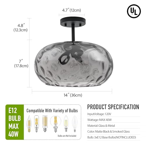 Matte Black Semi Flush Mount Ceiling Fixture Large Smoked Hammered Glass Shade Modern Close to Ceiling Light 14" Art Lampshade for Hallway Foyer Bedroom