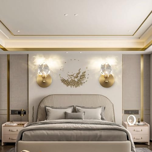 Set of 2 Gold Wall Sconces Modern Crystal Vanity Lighting for Bathroom Bedroom Living Room Entryway Wall Light Hallway Dining Room Lights Wall Mount Lighting Fixture Warm Light (2 Count)