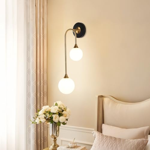 Mid Century Modern Wall Sconce Black and Gold Milk Glass Sconces with Double Ball Hardwired Wall Light for Bedside Bedroom Bathroom Living Room Corridor G9 Base