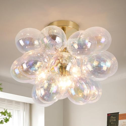 Modern Semi Flush Mount Bubble Chandelier with 17 Colorful Glass Globes