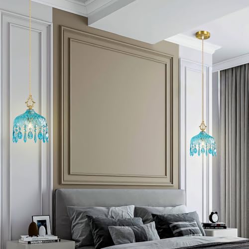 Brass Vintage Pendant Light Blue Crystal Hanging Light Fixtures (2 Count)