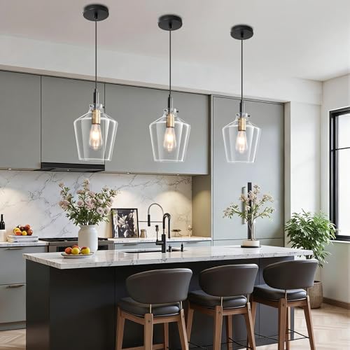 Glass Pendant Lighting for Kitchen Island 3 Pack Black Gold Clear 8 Inch (3 Count)