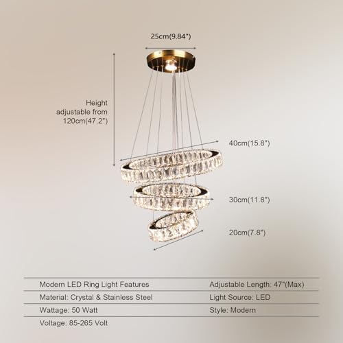 Dimmable Modern LED Chandelier 3 Ring Pendant Light Crystal Chandelier for Dining Room Living Room Bedroom