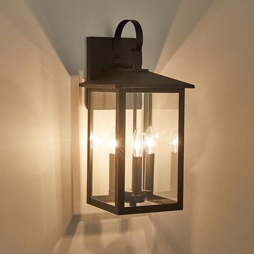 3 Light 9 inches Wide 20.5 inches High Large Wall Lantern Light with Textured Black Finish and Clear Glass New Traditional Outdoor Wall Lights for a Porch