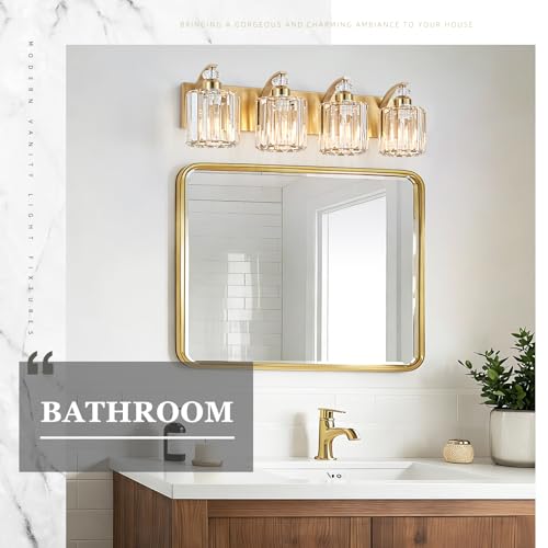 4 Lights Brushed Brass Bathroom Light Fixture Gold Vanity Lights Modern Crystal Bathroom Vanity Lighting Over Mirror Wall Sconce with K9 Crystal Shade E26 Base for Living Room