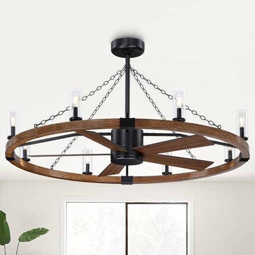 52 Inch Farmhouse Wagon Wheel Ceiling Fans with Lights and Remote