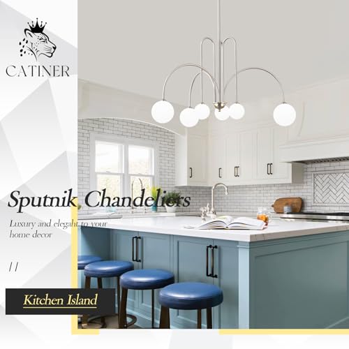 Modern 40" 6 Light Nickel Sputnik Chandelier with Milk Glass Globe