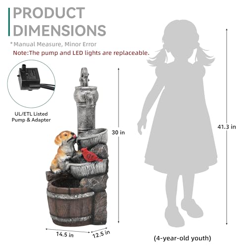 30" Puppy & Red Bird Outdoor Fountain