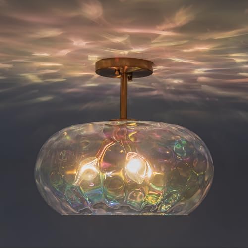Brass Gold Semi Flush Mount Ceiling Fixture Large Hammered Glass Shade Modern Close to Ceiling Light 14" Art Lampshade for Hallway Foyer Bedroom