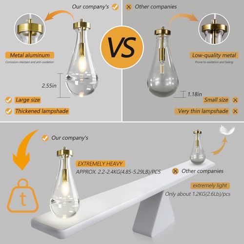 Raindrop Pendant Lights Kitchen Island Set of 2 Teardrop Gold Hanging Light Fixtures Clear Solid Glass Pendant Light Modern Chandeliers for Dining Room Porch Corridor Living Room… (2 Count)