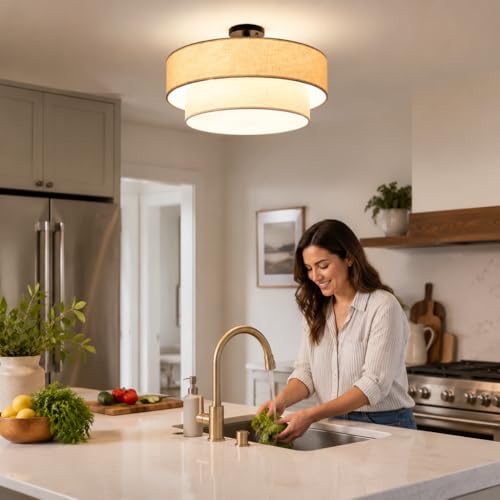 3 Light 12" Cream Fabric Gold Semi Flush Mount Close to Ceiling Light Fixture