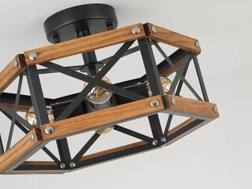 4 Light Rustic Farmhouse Wood Flush Mount Ceiling Light Fixture 14.5 inch Oak Wood and Metal Hexagon Cage Semi Flush Mount Ceiling Light for Hallway Entry Bedroom Kitchen Farmhouse Cabin