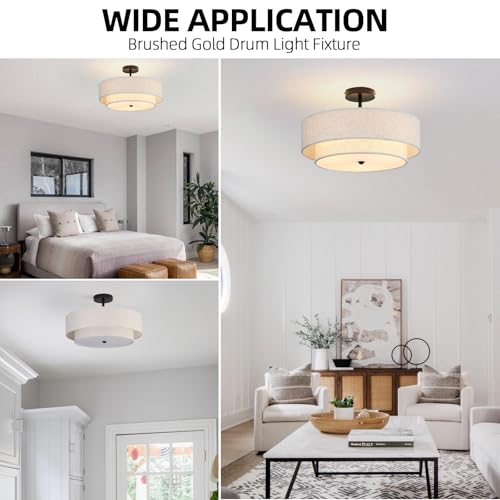 18" Semi Flush Mount Ceiling Light with Fabric Lampshade Modern Drum Ceiling Lamp Black Ceiling Light Fixture for Dining Room Kitchen Bedroom Living Room