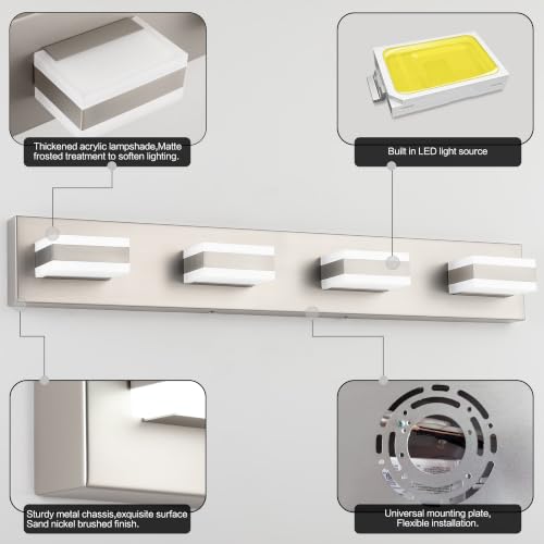 Bathroom Vanity Lights Brushed Nickel Light Fixtures for Bathroom Above Mirror 4 Light Led Lights Bath Lighting Fixture Nickel ETL Listed