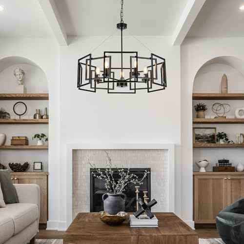 5-Light Black Geometric Chandelier,Height Adjustable Industrial Chandelier for Dining Room,Modern Farmhouse Chandelier Light Fixture over Table,for Bedroom,Living Room,Entryway,Bulbs Not Included