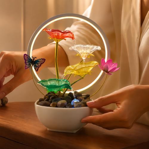 Tabletop Fountain Acrylic Lotus Indoor Fountain Water Feature for Zen Home Office Fengshui Decor Warm Light
