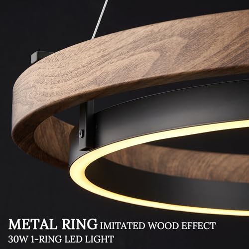 LED Ring Chandelier Modern Round Pendant Light Walnut Wood Black Dimmable