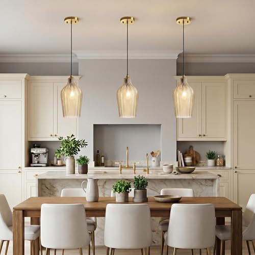 Amber Glass Pendant Lights Kitchen Island Gold Hanging Ceiling Light 6.7"