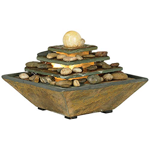 Pyramid 9" High Slate Stone Feng Shui Table Indoor Fountain with LED Light