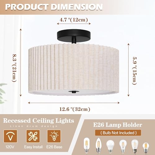 2 Light Semi Flush Mount Ceiling Light Fixture 12.6 Inch Modern Black Drum Ceiling Light Fixture with Pleated Fabric Shade Dimmable Close to Ceiling Light for Living Room Hallway Bedroom Entryway