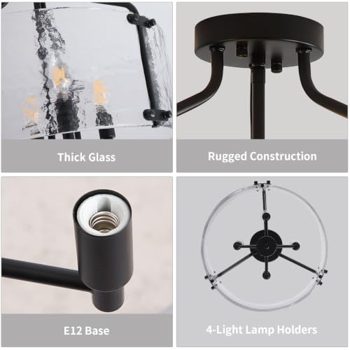 Glass Drum Black Semi Flush Mount Ceiling Light 16'' Modern Light Fixture