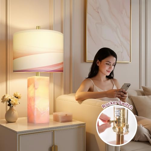 23" Alabaster Table Lamp Set of 2 with Night Light for Bedroom (2 Count)