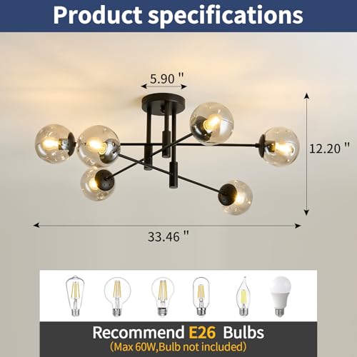 6 Light Glass Globe Sputnik Light Fixture Modern Matte Black Chandelier Semi Flush Mount Ceiling lamp for Living Room Kitchen Dining Room Farmhouse Bedroom