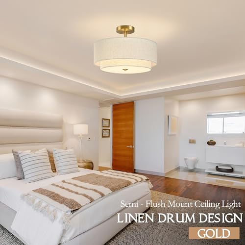 3 Light Semi Flush Mount Ceiling Light Fixture 16 Inch Modern Gold Drum Ceiling Light Fixture with 2