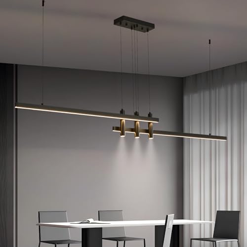 83" Modern Black Linear Pendant Lights Kitchen Island Lighting Minimalist Led Chandeliers Pool Table Light Dimmable Ceiling Hanging Light Fixture Dining Room with Remote Control
