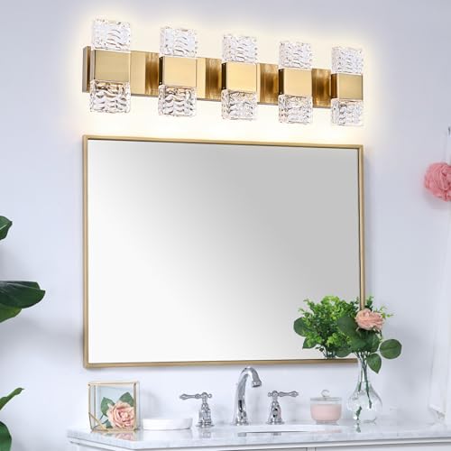 5 Lights Brass Crystal Vanity Light Bar LED Bathroom Lights 30.3 in