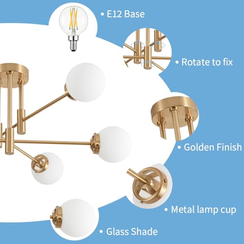 Gold Sputnik Ceiling Light Fixture 6 Light with Milk White Glass Shade