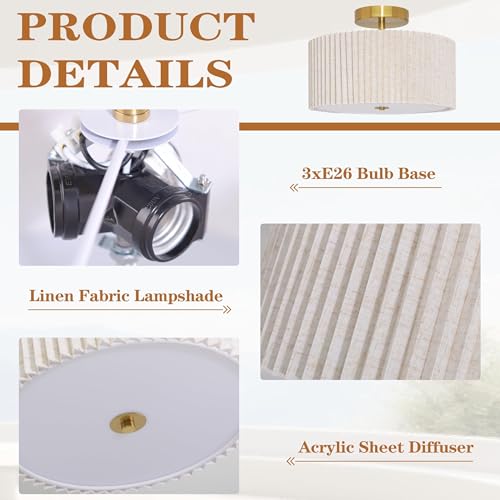 3 Light Semi Flush Mount Lights Fixture Drum Ceiling Light with Pleated Fabric Shade Gold Semi Flush Mount Ceiling Lights 16 Inch Close to Light Fixtures for Living Room Hallway