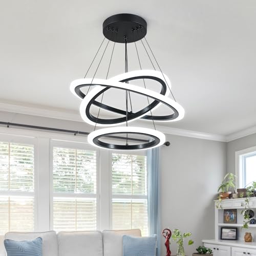 Modern 3 Ring LED 52W Black Pendant Light with Irregular Ring Lights Adjustable Hanging Lamp for Dining Room Bedroom Kitchen Island Cafe