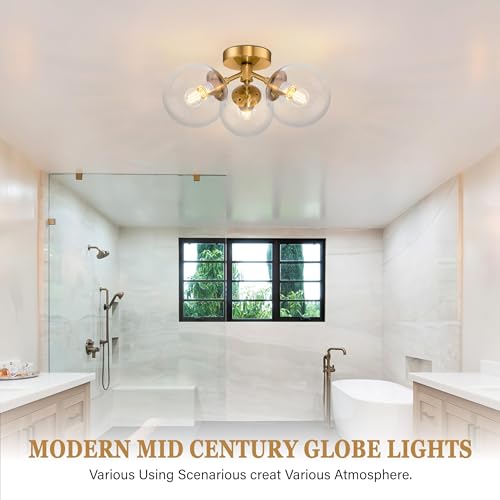3 Light Modern Gold Semi Flush Mount Ceiling Lights Clear Glass Globe Ceiling Lights Mid Century Brass Chandelier Modern Sputnik Ceilings Light Fixture for Bedroom Hallway Entryway Living Room
