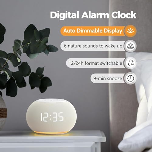 Auto Dimmable Sound Machine Alarm Clock with Night Light for Girls