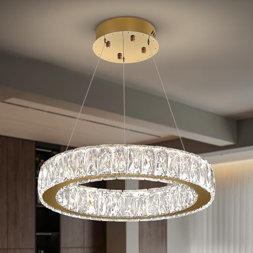 Modern LED Dimmable Crystal Chandelier 23.6" Ring Pendant Light Adjustable Gold Round Crystal Chandelier for Dining Room Living Room
