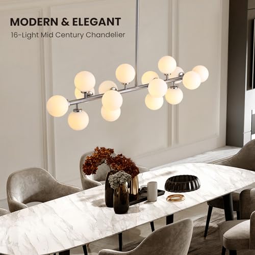 39'' Brushed Nickel and Milky White Mid Century Modern Pendant Lights Dimmable Glass Globe Sputnik Chandelier 16 Lights Linear Chandelier Light Fixtures for Kitchen Island Dining Room