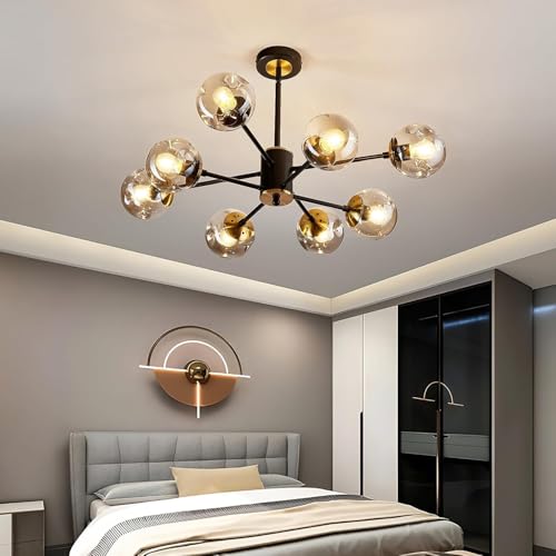 8 Light Sputnik Chandelier with Glass Globe Black and Gold Dinning Light Fixture Modern Mid Century Ceiling Light for Lliving Room Master Bedroom Kitchen