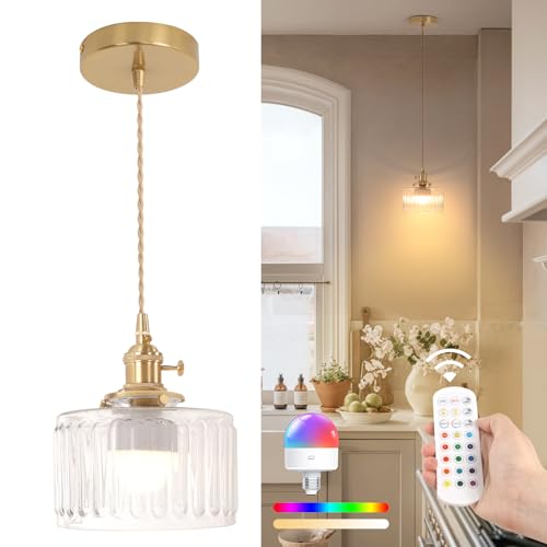 Battery Operated Pendant Light 5000mAh Rechargeable Chandelier with Remote Control Wireless Adjustable Hanging Clear Striped Light for Kitchen Island Dining Room Hallway