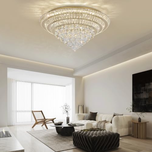 30" Gold Crystal Flush Mount Chandelier Modern LED Ceiling Light Fixture
