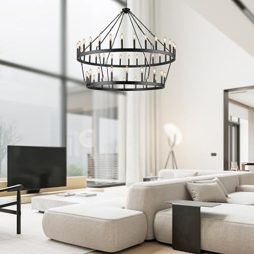 Rustic Farmhouse Black Wagon Wheel Chandelier Large Chandeliers for High Ceilings 2 Tier 48 Lights 55 Inch for Dining Room Living Room Foyer Porch Kitchen Island